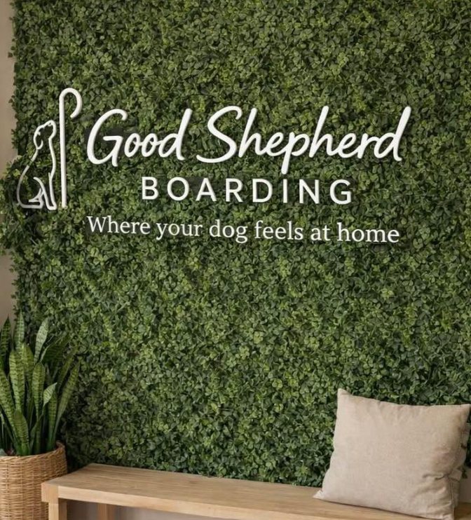 The Good Shepherd Boarding entrance — a living greenery wall with the logo, a wooden bench and a potted plant